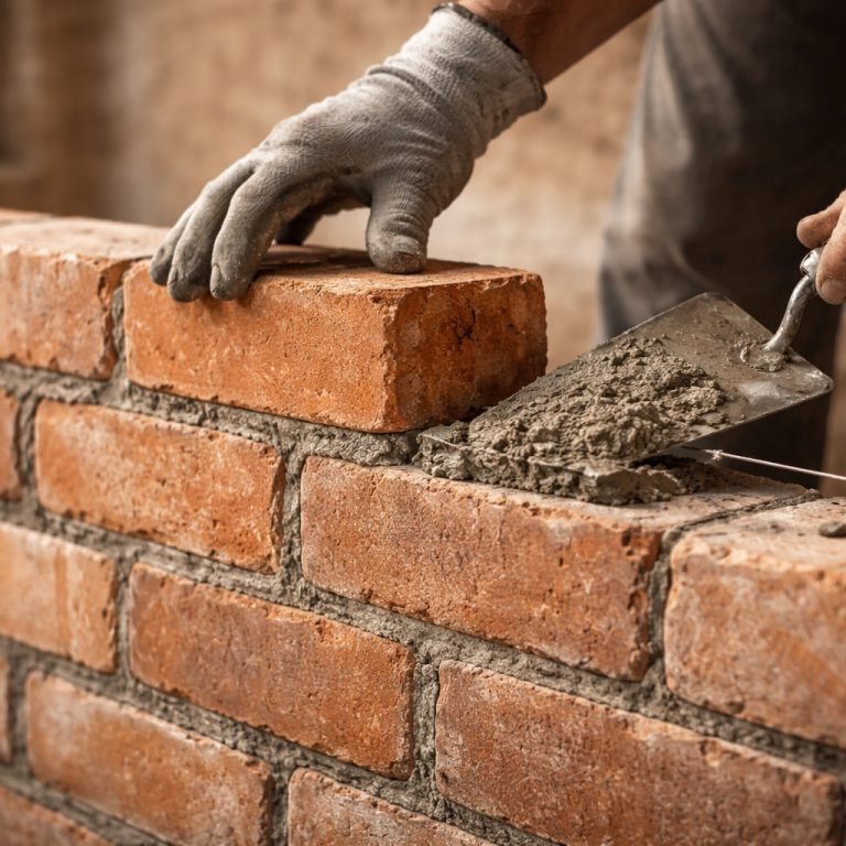 Hände legen einen Ziegelstein mit Mörtel auf eine Mauer.