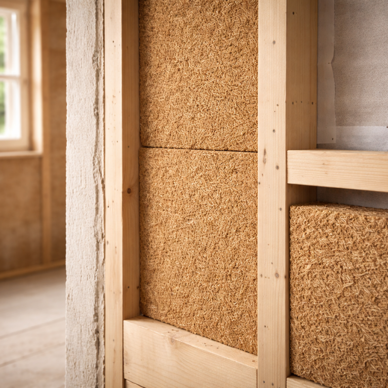 Dämmmaterial aus Holz und Kork in einem Holzrahmen.